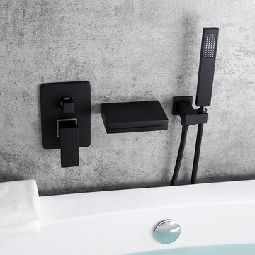 Contemporary Wall-Mount LED Waterfall Matte Black Bathtub Filler Faucet with Hand Shower